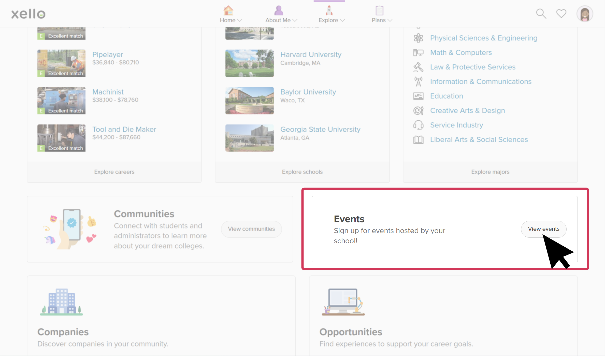 Student account in Xello on the Explore options page. The cursos is clicking View events.